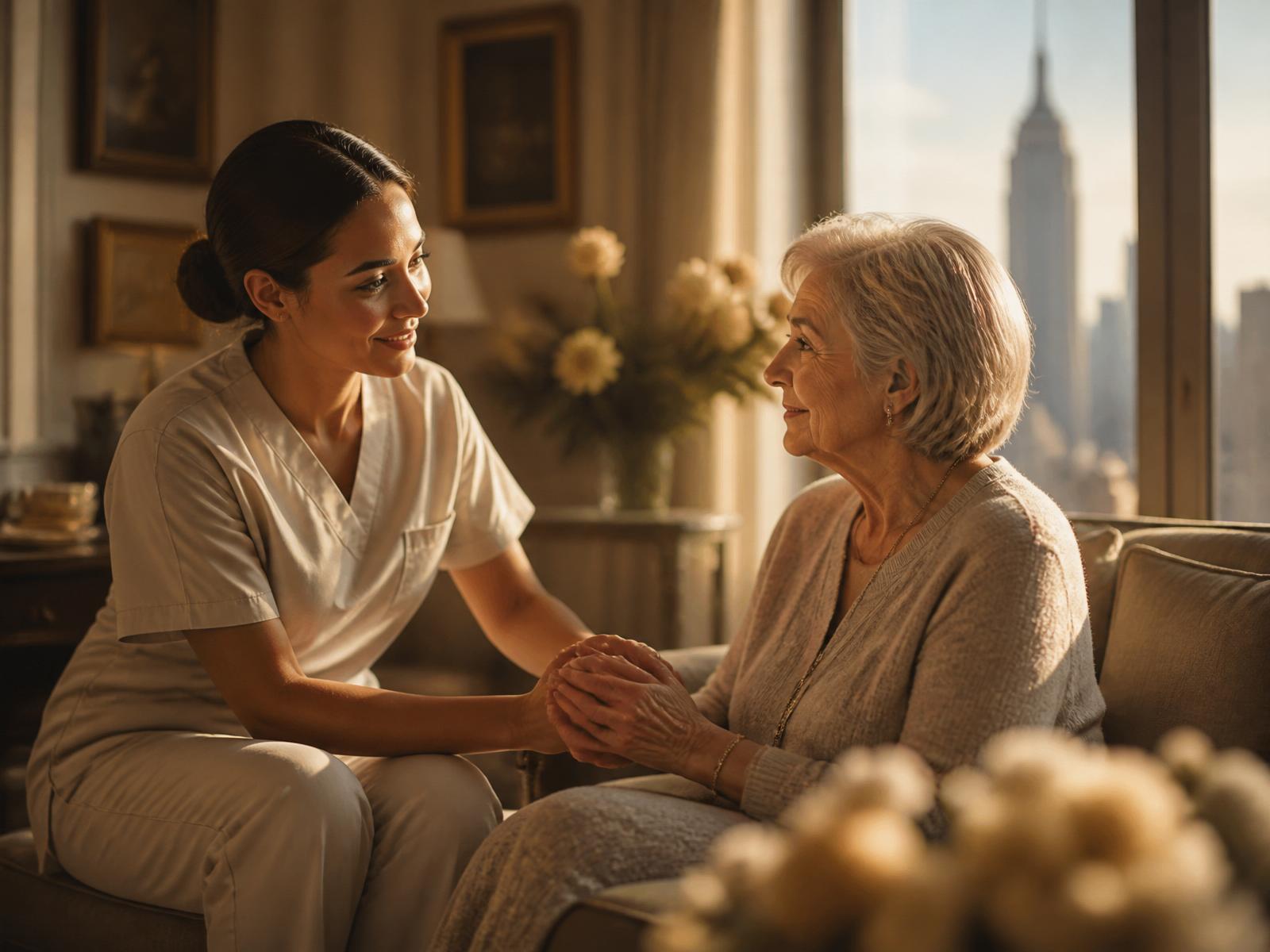 A home care nurse holding the hand of an elderly woman in a sunlit New York apartment